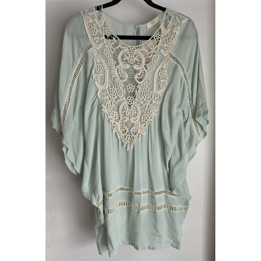 Kori America Tunic Women Light Green Short Sleeve Lace Blouse Top Boho NWT